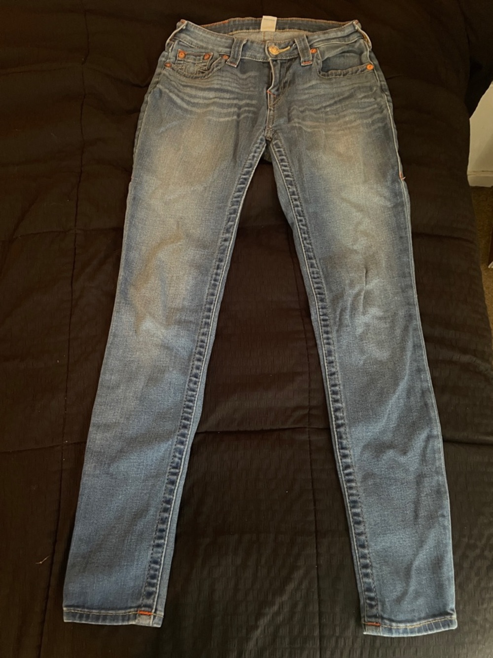 True Religion Women's Light Blue Skinny Jeans with Faded Whiskering